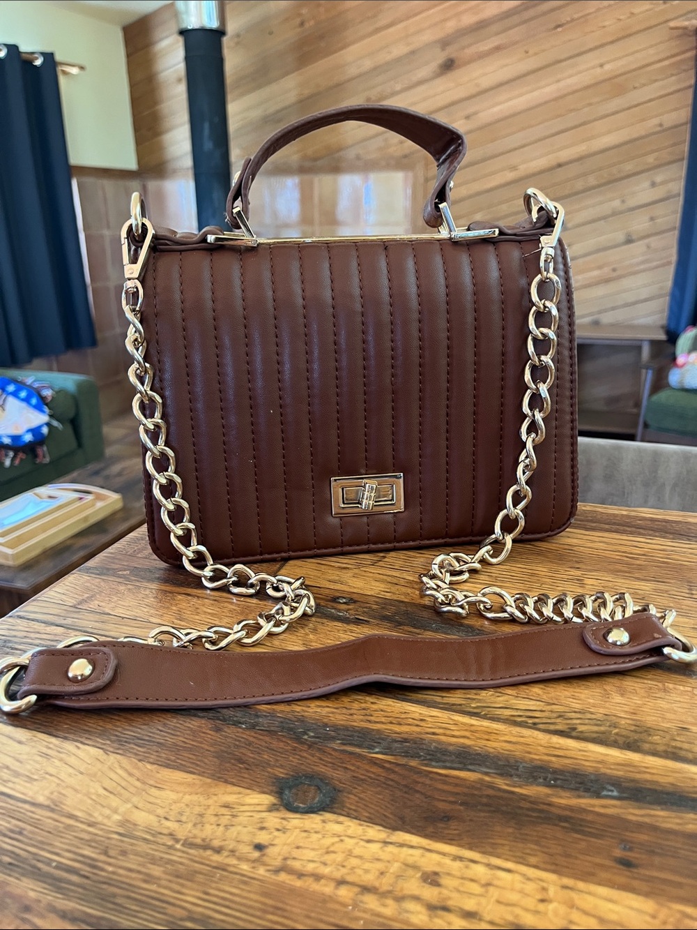 Quilted Brown Crossbody Bag with Gold Chain Strap